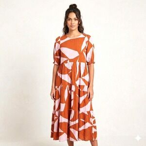 Mister Zimi Lottie Midi Dress US 4 Pink Terracotta Abstract Leaf Tiered